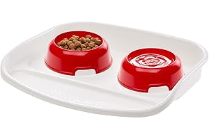 Ferplast Vassoio con ciotole per cani e gatti LINDO Doppia mangiatoia per animali, Base in plastica resistente, Piedini antiscivolo, Due ciotole incluse capacità 0,6 L, 44,5 x 34 x h 7 cm Rosso