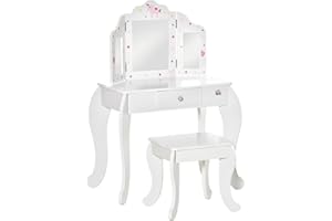 HOMCOM Tocador Infantil de Madera con Taburete y Espejo Acrílico de 3 Sectores Mesa de Maquillaje para Niñas con Cajón para Habitación del Niño 63x40x85,5 cm Rosa