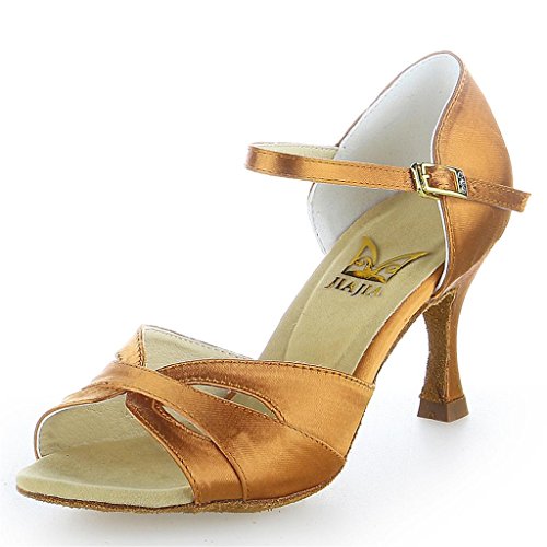 Jia Jia 2059 - Sandalias para Mujer Ausgestelltes Heel Super de satén Zapatos de Baile Latina, Color Marrón, Talla 39