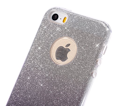 Felfy iPhone SE Hülle,iPhone 5S Schutzhülle Glitzer Hülle,iPhone 5 Schutzhülle Case TPU Bumper Case Soft Silikon Gel Schutzhülle Gradient Shinning Glitzer Bling [Weiche TPU Abdeckung + Glitzer Papier + PP innere Schicht] [Drei in Einem] Schutzhülle Schutzhülle Tasche Silicone Rückseite Hülle Etui Cover für Apple iPhone SE/5S/5 (Gradient Grau Schwarz) + 1x Schwarz Stylus + 1x Screen Protector - 6