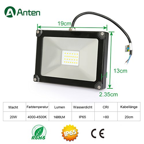 Anten® LED Fluter Flutlicht Strahler 20W Scheinwerfer Außenleuchten IP65 Wasserdichte 4000K naturweiß - 3