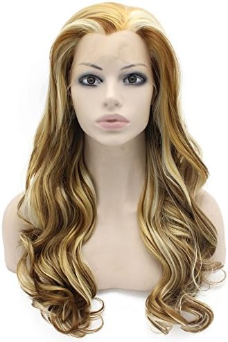 Iwona 24inch Long Wavy Blond Highlight Lace Front Wig Half Hand Tied Heat Resistant Synthetic Hair Wig