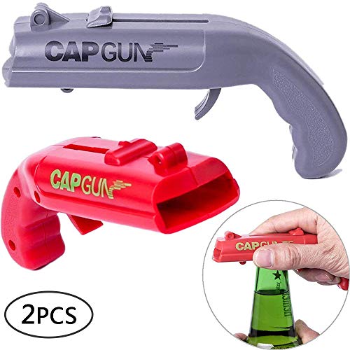 MXY abridor de botellas de plástico con tapa de pistola, lanzador de pistola, abridor de botellas de cerveza para el hogar, bar, fiesta, juego de beber, rojo y gris