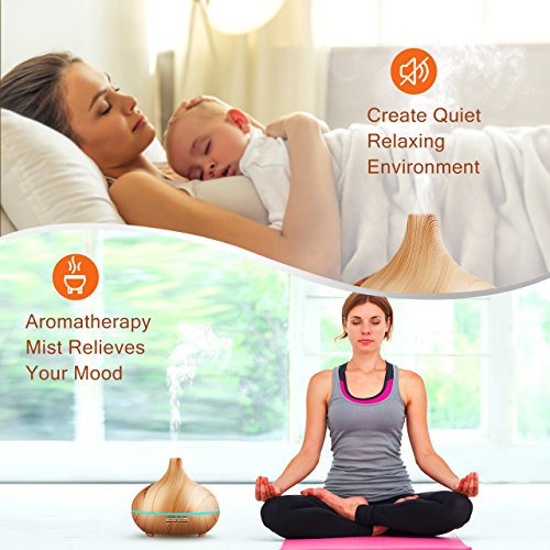 Aroma und Duft Öl Verteiler mit 300ml Kapazität und 30ml/h Feuchtigkeitsabgabe. Neuer Holz Optik Luftbefeuchter, extrem leise durch Ultrasonic Technologie mit 7 farbigen LEDs, 4 verschiedenen Zeit Einstellungen und automatischen Power off ohne Wasser für Bad, Yoga, Zuhause oder Büro - 6