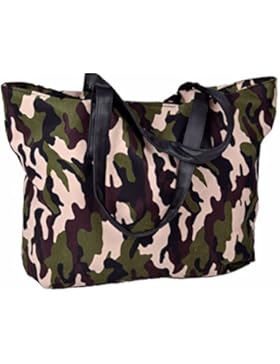 IWEA Damen Shopper Camouflage Schultertasche Handtasche Groß Shopping Bag in Army Muster Military Print 50x30 cm