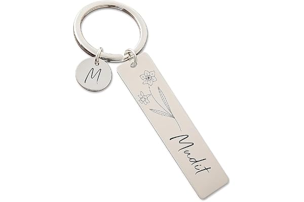 BAWLI BOOCH Personalized Stainless Steel Birth Flower & Name Keychain Double Sided Engraving