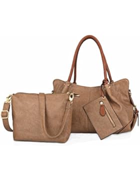 UTO Damen Handtasche Set 3 Stücke Tasche PU Leder Shopper klein Schultertasche Geldbörse Trageband Schlamm Farbe