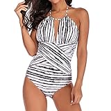 Muium Damen Schlankheits Badeanzug BohoV-Ausschnitt Einteiler High Neck Bademode Strandmode S-5XL (Schwarz, CN:3XL)