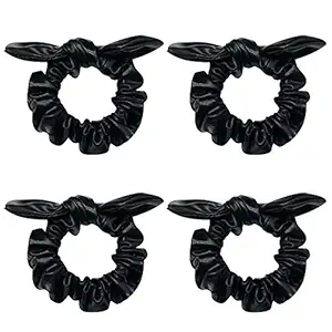 4 Pack PU Leather Bow Hair Scrunchies Bobbles Ponytail Holder Rabbit Ear Hair Ties Hair Bands for Girls Cheer,Dance Recital,Birthday Shirt,Barbie Themed,Party Festivals (Black)
