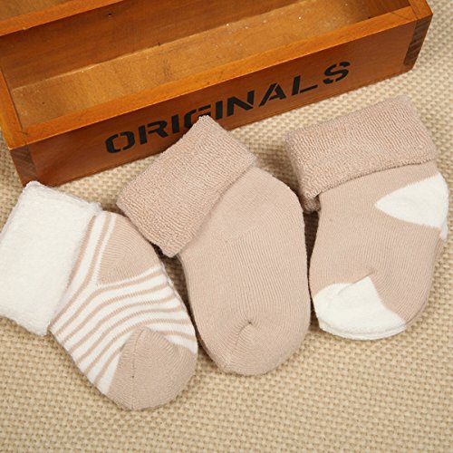 3 Pairs/set Non-slip 85% Cotton Girl Boy Kid Newborn Baby Socks Boots Booties Bootee for 0-24 Months (For 0-12 Months, Khaki)