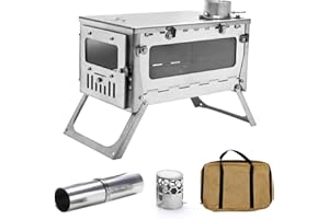 FREIZELT TOMOUNT Ultralight Titanium Wood Stove with Viewing Glass Door, Portable Camp Stove for Tents, Includes Chimney & Heat-Resistant Gloves | for Outdoor Cooking, Heating, Hiking & Accommodations