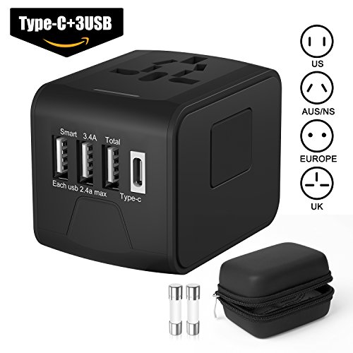 Preisvergleich Produktbild Reiseadapter Universal Netzstecker, Internationales Wandladegerät Alles in Einem Weltweiter Netzsteckdosen Konverter mit USB und Typ C Anschluss für US,EU,UK,AUS und über 150 Länder Handy / Laptop
