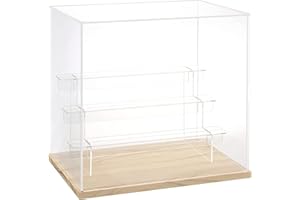 DuvinDD Présentoir en Acrylique Transparent à 4 Niveaux, vitrine pour Objets de Collection Mini Figures Pop Mart, boîte d'exposition Anti-poussière à Assembler avec Porte (Grain de Bois)