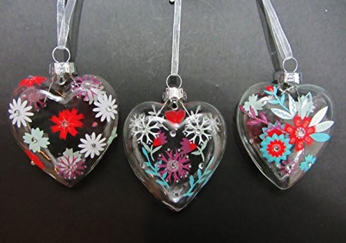 Gisela Graham - Set of Three Hand Painted Glass Heart Tree Decorations