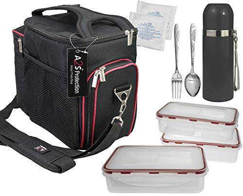 A2S Protection Lonchera Completa Para La Preparación De Comida Equipo De 8 Piezas Bolsa Hielera 3x Envases Para Comida Microondas Sin BPA Tenedor Cuchara Termo -2x Bolsas De Hielo Gel (Negra-Roja)