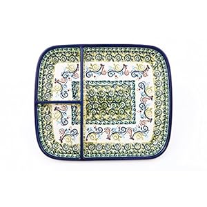 Hand-Decorated Polish Pottery Snack Plate with 3 Compartments, 25.0×21.0 cm Height 3 cm, Dekor DU163