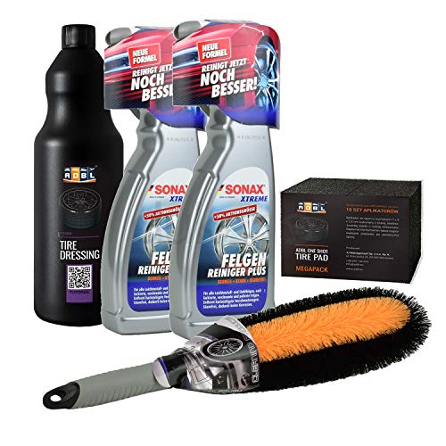 Sonax Xtreme Wheel Cleaner Plus 2 x 750 ml 230 400 Wheel Cleaner Alloy Wheel Cleaner + CSF Wheel Brush + ADBL Tire Dressing Tyre Shine 5 Piece Rim Cleaning Set