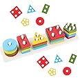 Bumtum Wooden 5 Shape Sorter & Stacking Toys | Geometrical Building Blocks Shape Sorting Toy for Kids Educational Learning Toy Stack