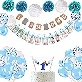 Decoraciones para niños de 1er cumpleaños: 34 piezas de suministros de decoración de feliz cumpleaños azul para la fiesta de cumpleaños del primer año del bebé, incluyen pancarta I AM ONE Bunting, 1er banner de foto, torta topper "1 con diseño de corona", 6 flores de pompón de tejido, 25 globos, 1 rollo de cintas. Dele a su bebé un primer cumpleaños inolvidable.