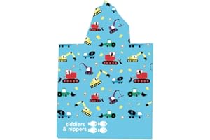 tiddlers & nippers Kids Patterned/Plain Microfibre Hooded Towel/Poncho | Super Absorbent Microfiber & Quick Drying | Ideal For Beach, Pool, Holidays & Travel (Diggers & Lorries, 18m-5 Years)