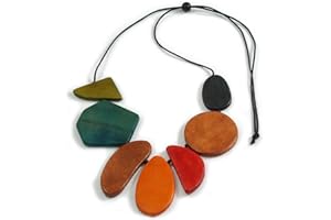 Avalaya Multicoloured Geometric Wood Necklace with Black Cotton Cord/ 100cm Long/Adjustable