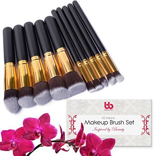Beauty Bon Professional Makeup Brushes, 10 Piece Set, Vegan, With Plastic Handles, Great For Applying Concealers, Foundations, & Powders