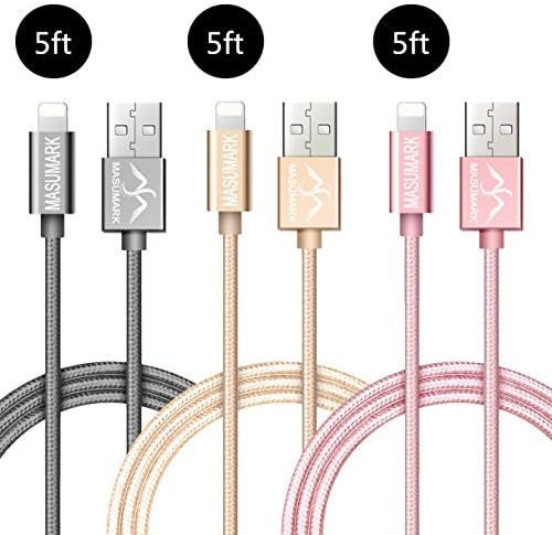 Lightning Cables, MASUMARK Nylon Braided 5FT(1.5M) USB Compatible Charging Cable, High Durability for iPhone X/ 8/ 7/ 7 Plus/ 6S/ 6 Plus/ 6S Plus/5S/5C/SE/iPad/iPod/iOS 8,9,10 (Rose+Gold+Grey)(3 Pack)