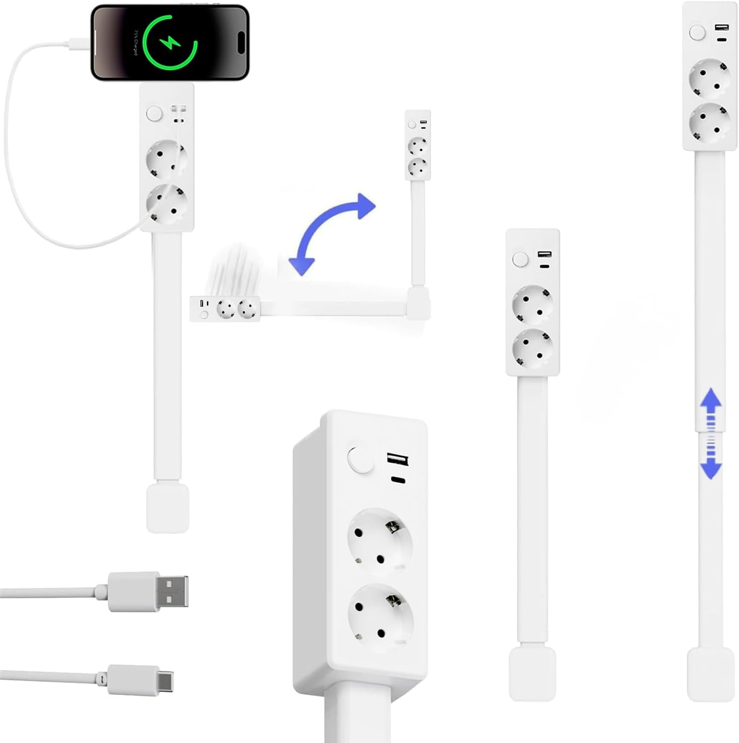 Regleta con puertos USB-A, USB-C y 2 tomas de corriente, extensión de pared extensible y giratoria, ideal para mesitas de noche, sofás, oficinas y otros lugares de difícil acceso.