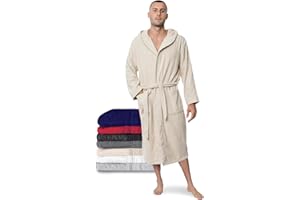 Twinzen Peignoir de Bain Homme - 100% Coton avec Capuche - Certifié Oeko-TEX® - Robe de Chambre Eponge 2 Poches, Ceinture - Doux, Absorbant et Confort