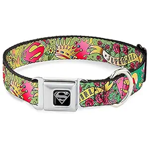 Buckle-Down Dog Collar Seatbelt Buckle Supergirl Tattoo Scene 9 to 15 Inches-Small 1.0 Inch Wide, Multi Color