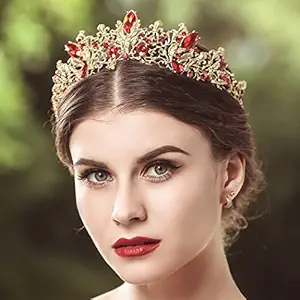 Jovono Vintage Bridal Wedding Crown With Red Rhinestone Baroco Style for Women