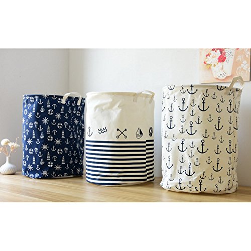 gossipboy Mediterraner Stil Groß Rund Leinen & Baumwolle Stoff Wäschekorb, zusammenklappbar Korb Kleidung Organizer Storage Müllbeutel-43,2 x 33 cm blau - 4