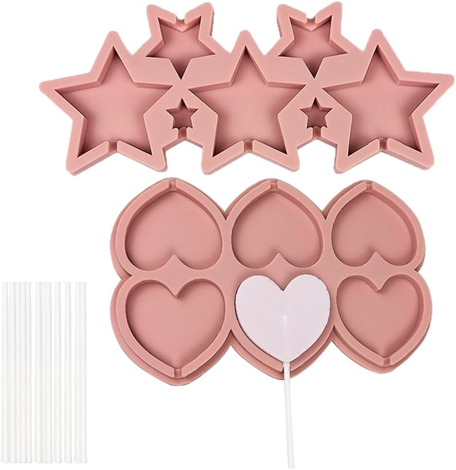 YFTRFR 2 Piezas Molde de Silicona con Forma de Corazón & Estrella para Piruletas con 24 Palitos de Piruleta Antiadherente Apto para Dulces Chocolates y Cubitos de Hielo Seguridad