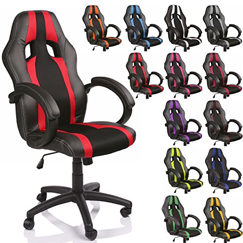 TRESKO® Chaise Fauteuil siège de bureau racing sport rayé ergonomique inclinable accoudoirs rembourrés, de 14 couleurs différentes, Lift SGS contrôlé (noir/rouge)