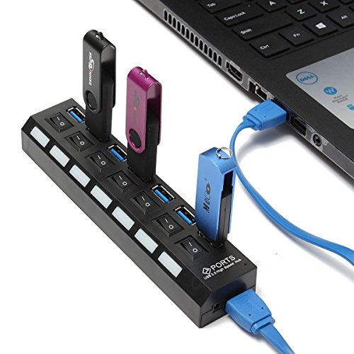 USB HUB,Superspeed USB Datenhub 7 Ports 3.0 Ultralight Verteiler mit Diagnose LED Anzeige Unterstützt Hot Plugin bzw Plug & Play mit Energiespar Schalter für PC Laptop Notebook Computer Windows MAC (Weiß) - 3