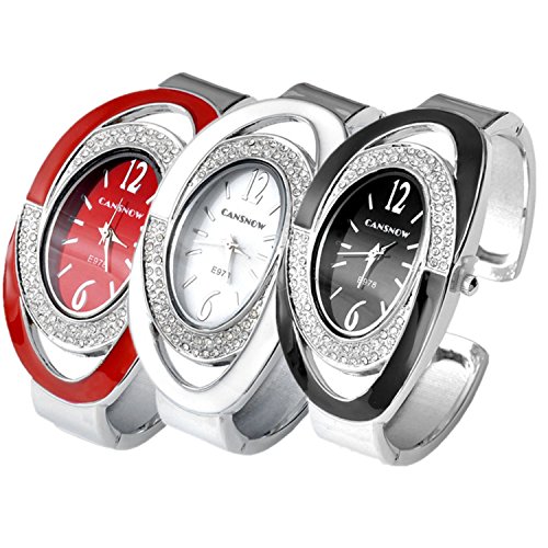 JSDDE Uhren,Elegant Damen Strassstein Oval Nebelfleck Spangenuhr Armbanduhr Analog Quarzuhr Uhren Set Schwarz+Weiss+Rot