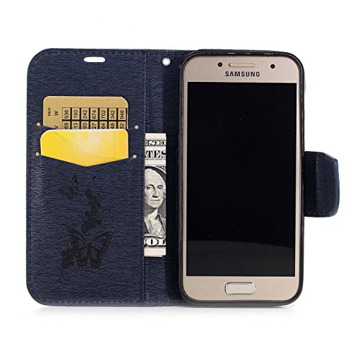 Hülle für Samsung A3 2017, Tasche für Galaxy A3 2017, Case Cover für Samsung Galaxy A3 2017,Cozy Hut Lederhülle / Handyhülle / Hülle / Etui / Shell / Leder Tasche Case Cover für Samsung Galaxy A3 (2017) Hülle PU Schutz Etui Schale Butterfly Peach Blossom Muster Design Backcover Flip Cover Wallet Hard case im Bookstyle mit Standfunktion Karteneinschub und Magnetverschluß Etui Flip Case – Marineblau Schmetterling - 7