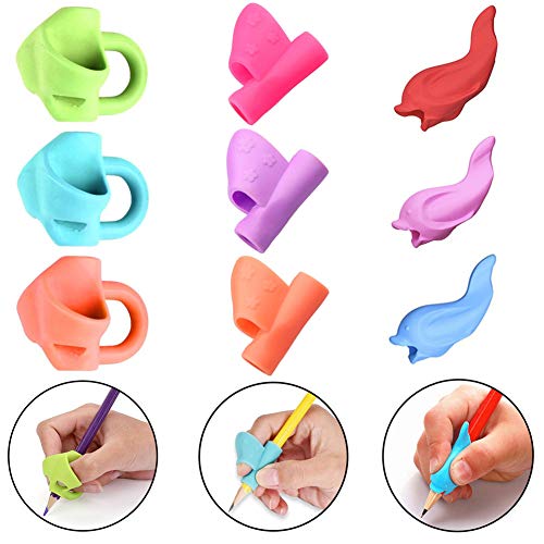 Impugnatura Matita Bambini, HEOCAKR Matita Grips Correzione Postura Strumento per Bambini Studenti Adulti Anziani per Destri e Mancini Destra, 3 Tipi, 9 Pezzi, Colori Assortiti