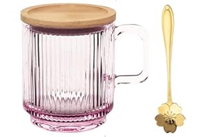 YALUCKY Tasse en verre avec Poignée, tasse cafe en iridescent,mug en verre avec couvercle ,Verres à thé et à café,Tasses à expresso pour Lait, Jus, latte, cappuccino,avec cuillère à fleurs de cerisier (Rose)