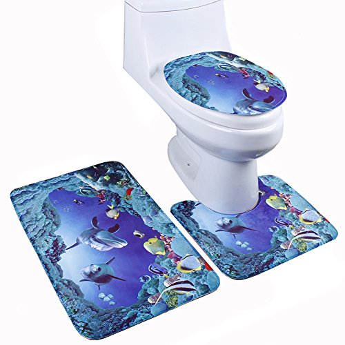Joyoldelf Badezimmer-Set aus Flanell, rutschfest, 3 Stück, Design "Sea World", Badezimmer-Set, Badematte + WC-Vorleger + WC-Deckelbezug