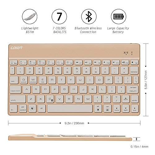Collen Mini Bluetooth 3.0 Wireless Tastatur Kabellose QWERTY Keyboard mit Eingebauter Lithium Batterie und LED-Hintergrundbeleuchtung für IPad, iPhone iOS, Mac, Android Samsung Galaxy Tab, Galaxy Note, Smartphones, Windows(Gold) - 5