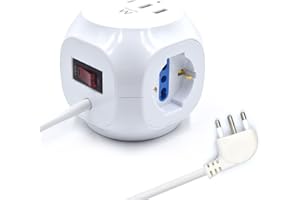Multipresa Elettrica, Ewent Multipresa a Cubo 3 prese Schuko, Con 2 prese USB e 1 presa USB-C, Spina Italiana 16A con cavo lungo 1.5 metri, Protezione da Sovratensione, Adatta per Casa/Ufficio, Nera