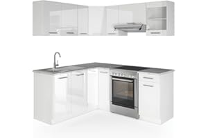 Vicco Cucina angolare completa Rick, Bianco/bianco lucido, 187 x 167 cm, PL Marmo