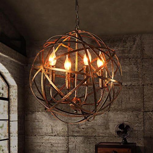 STAGE LIGHTING Restaurant Chandelier Retro Industrial Metal Cross Orb 4-Light Candle Chandelier Pendant Lighting Fixture, Antique Brass Lighting fixtures