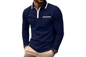PrinStory Mens Long Sleeve Polo Shirts Quarter Zip Polo Shirts Golf Tennis Tops Casual Cotton Tee Tops With Pockets