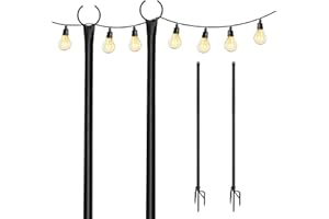 PTSUKER String Light Pole - Outdoor Metal Poles with Hooks for Hanging String Lights - Garden, Backyard, Patio Lighting Stand for Parties, Wedding