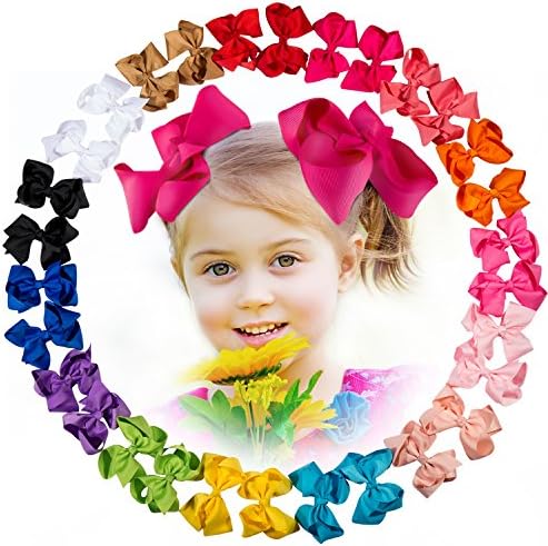 30 Pcs Baby Girl 4.5 inches (11cm) Ribbon Boutique Hair Bows Clips with 15 Colors in Pairs