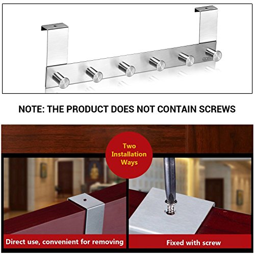 qobobo Edelstahlhaken Türgarderobe Türhaken Handtuchhalter Schublade Tür Haken Kleiderhaken Türhakenleiste Hakenleiste Tuer Garderobe 6 Reihe Haken ohne Anlage (Für tür mit 20 mm dick) - 6
