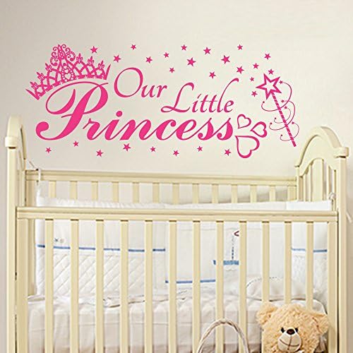 TopZog OUR LITTLE PRINCESS, quote wall art sticker decal with tiara, hearts and magic wand, for baby girls nursery, PINK, 100x42 cm