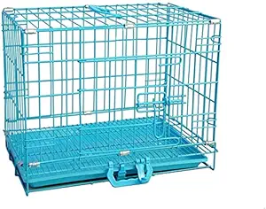 Dog Trust Dog Cage - Blue Color Powder Coated, Single Door Folding Metal Cage/Crate/Kennel with Removable Tray and Paw Protector for Dogs, Cats and Rabbits (18 Inch)